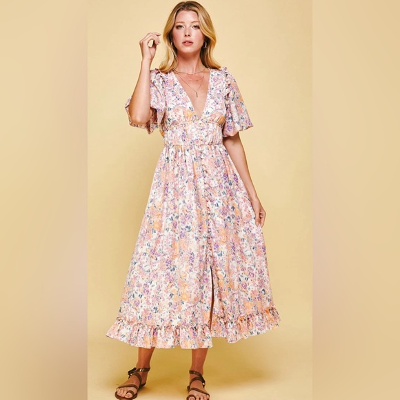 Pinch Dresses & Skirts - Pinch Floral Print Bubble Sleeves V-Neck Midi Dress-Size Medium